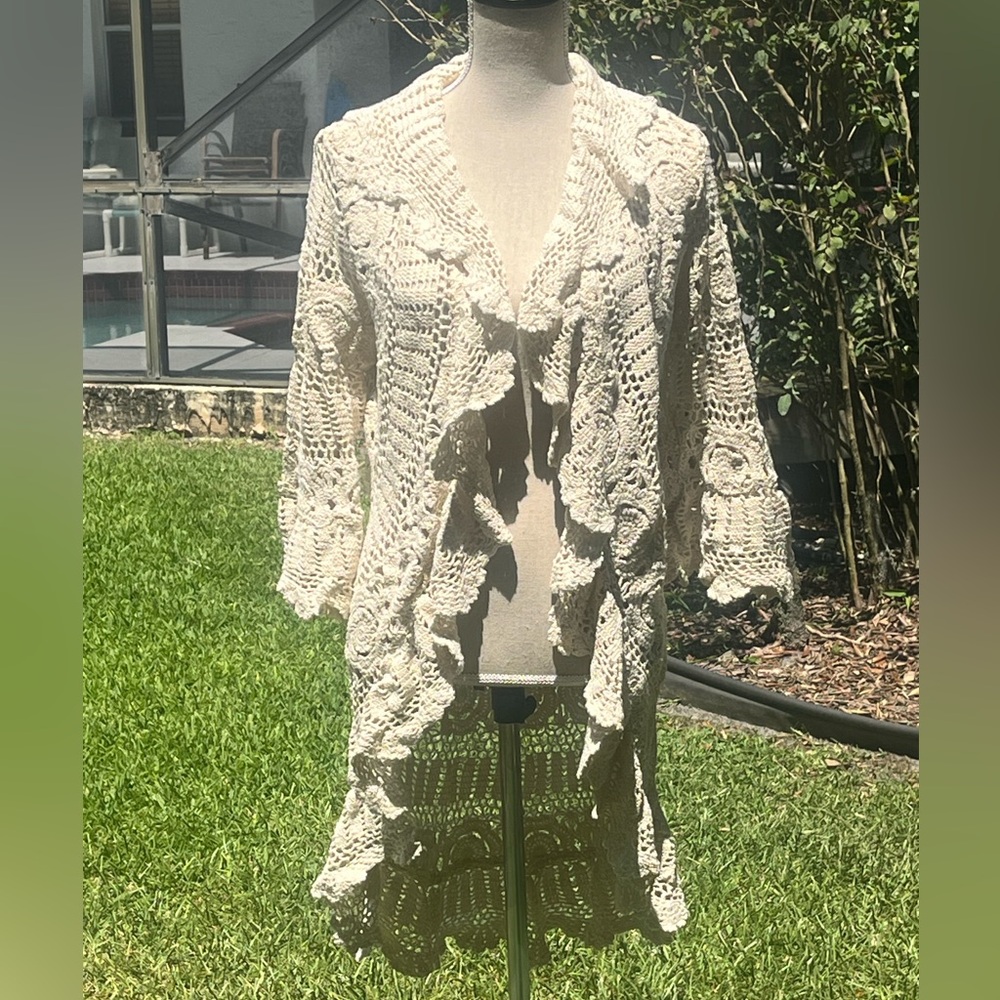 🆕🔥 Stunning Hand-crocheted 100% Cotton Flounce Coat in Natural (Made in USA)